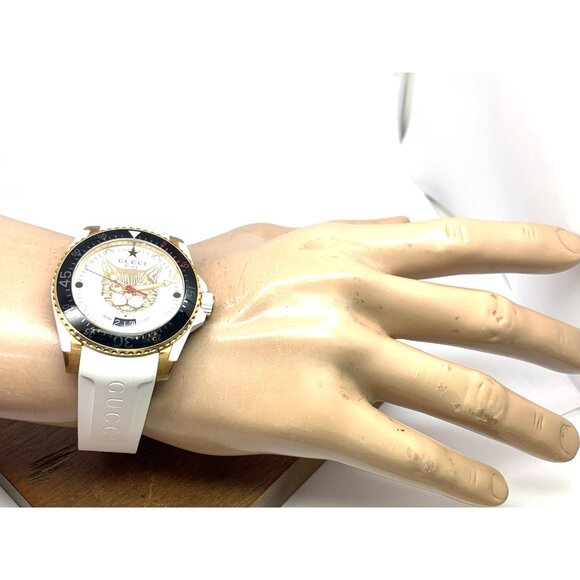 GUCCI Men's Watch YA136322 Dive Cat Swiss Quartz Gold White Rubber Strap 40mm - Picture 4 of 13